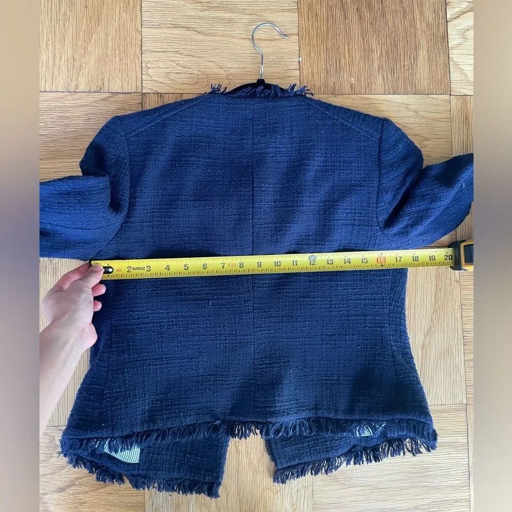 J Crew navy tweed moto-style jacket with 3/4 sleeves and frayed edges, Size 2P